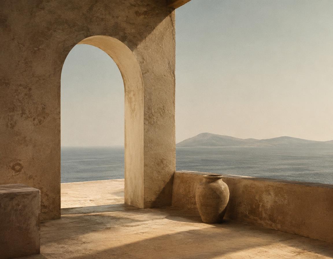Sunlit stone archway overlooking the sea